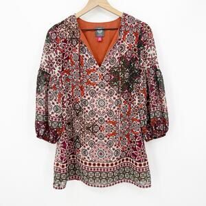 Vince Camuto Shift Mini Dress 4 V Neck Boho Mandala Patchwork Chiffon Artsy